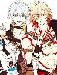 2boys abs antenna_hair arm_tattoo armlet armor bare_pectorals black_choker black_coat black_gloves black_shirt blonde_hair blue_eyes braid chest_tattoo choker coat earrings facial_tattoo fingerless_gloves gauntlets gloves gold_earrings gold_necklace gradient_hair hair_between_eyes hand_on_own_hip highres honkai:_star_rail honkai_(series) jewelry looking_at_viewer male_focus medium_hair multicolored_hair multiple_boys mydei_(honkai:_star_rail) navel neck_tattoo necklace open_clothes open_coat pauldrons pectorals phainon_(honkai:_star_rail) red_hair red_tattoo sakae_0_0 shirt short_hair shoulder_armor side_braid single_glove single_pauldron sun_symbol sun_tattoo tan tattoo toned toned_male unfinished v white_coat white_hair yellow_eyes