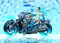 1girl absurdres aqua_hair bad_id bad_pixiv_id company_connection elbow_gloves female_focus fingerless_gloves gloves green_eyes hatsune_miku hatsune_miku_(append) highres long_hair md5_mismatch motor_vehicle motorcycle navel necktie neon_trim smile solo soukuu thighhighs twintails vehicle very_long_hair vocaloid vocaloid_append yamaha