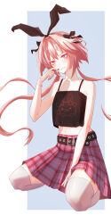 1boy animal_ears astolfo_(fate) astolfo_(saber)_(fate) black_bow bow bracelet braid crop_top fate/apocrypha fate/grand_order fate_(series) hair_bow hair_intakes hands_on_lap hands_on_own_face highres jewelry light_smile long_hair multicolored_hair non-web_source pink_eyes pink_hair pleated_skirt rabbit_ears simple_background sitting skirt streaked_hair thighhighs trap twintails wariza white_hair white_thighhighs