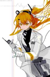 1girl a.i._voice absurdres adachi_rei black_shirt closed_mouth floating_hair gloves grey_skirt hair_between_eyes hair_ribbon headlamp highres holding holding_walkie-talkie jacket leaning_forward long_hair long_sleeves looking_at_viewer open_clothes open_jacket orange_eyes orange_hair pointing pointing_at_viewer radio ribbon shirt side_ponytail skirt solo utau walkie-talkie white_background white_gloves white_jacket white_ribbon yezhi_dun_luobei