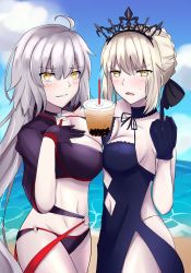 2girls absurdres artoria_pendragon_(fate) beach bikini black_bikini black_gloves blonde_hair blue_sky blush braid breast_press breasts bubble_tea bubble_tea_challenge cloud eyebrows_hidden_by_hair fate/grand_order fate_(series) gloves grey_hair hair_between_eyes hair_ornament hair_ribbon highres jacket jeanne_d&#039;arc_(fate) jeanne_d&#039;arc_alter_(fate) jeanne_d&#039;arc_alter_(swimsuit_berserker)_(fate) long_hair looking_at_viewer middle_finger multiple_girls ocean ribbon saber_alter saber_alter_(swimsuit_rider) saber_alter_(swimsuit_rider)_(third_ascension) sii_artatm sky smile stomach swimsuit