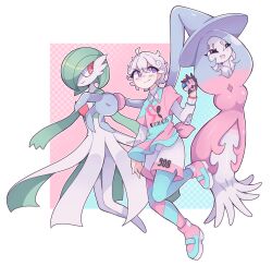 Rule 34 | 1boy, 2girls, artist name, bede (pokemon), black sclera, bob cut, colored sclera, colored skin, dress, gardevoir, gen 3 pokemon, gen 8 pokemon, gloves, great ball, green hair, green skin, grey hair, gym challenge uniform, hair over one eye, hat, hatterene, highres, holding, holding poke ball, miottex, multicolored skin, multiple girls, nintendo, open mouth, pink eyes, poke ball, pokemon, pokemon (creature), pokemon swsh, prehensile hair, purple eyes, single glove, smile, two-tone skin, white dress, white skin, witch hat