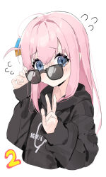 1girl absurdres aid! black_hoodie blue_eyes blush bocchi_the_rock! closed_mouth cube_hair_ornament flying_sweatdrops gotoh_hitori hair_ornament highres holding holding_removed_eyewear hood hoodie long_hair nervous pink_hair sidelocks solo sunglasses unworn_eyewear upper_body v very_long_hair