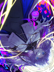 Rule 34 | 1girl, arcaea, black gloves, black pantyhose, bow, broken arm, cowboy shot, earrings, empty eyes, gloves, hair between eyes, highres, insight (arcaea), jewelry, long sleeves, pantyhose, purple eyes, shirt, smile, solo, upside-down, user yxau2454, white hair, white shirt, yellow bow