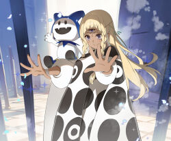 1girl atlus blonde_hair blush bracelet braid closed_mouth commentary_request creature creature_on_shoulder dark-skinned_female dark_skin eupha_(metaphor:_refantazio) floating_hair jack_frost_(megami_tensei) jewelry long_hair magic metaphor:_refantazio nyoro_(nyoronyoro000) on_shoulder poncho purple_eyes smile third_eye twin_braids