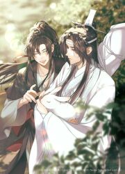 Rule 34 | 2boys, :d, ahoge, animal, black hair, black hanfu, blurry, blurry background, blurry foreground, brown hair, chinese clothes, closed eyes, closed mouth, commentary, copyright notice, dappled sunlight, day, depth of field, english commentary, guqin, hair ribbon, hanfu, headband, high ponytail, holding, holding animal, holding rabbit, instrument case, lan wangji, lens flare, light particles, long hair, long sleeves, male focus, minataka94, modao zushi, multiple boys, official art, open mouth, outdoors, ponytail, rabbit, red ribbon, red sash, ribbon, robe, sash, sidelocks, smile, standing, sunlight, topknot, watermark, wei wuxian, white hanfu, white headband, white rabbit (animal), wide sleeves, xiao guan (headdress), yaoi, yellow eyes
