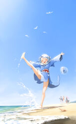 4girls ^_^ barefoot beach blue_hair blue_hoodie blue_sky closed_eyes day feet fins fish_tail gawr_gura gawr_gura_(1st_costume) grey_hair high_kick highres hololive hololive_english holomyth hood hoodie kicking kito_koruta leg_up long_sleeves medium_hair mori_calliope mori_calliope_(1st_costume) multicolored_hair multiple_girls ninomae_ina&#039;nis ninomae_ina&#039;nis_(1st_costume) no_pants open_mouth outdoors outstretched_arms outstretched_leg shark_girl shark_tail sharp_teeth sky sleeves_past_wrists smile soles solo_focus splashing streaked_hair tail takanashi_kiara takanashi_kiara_(1st_costume) teeth two_side_up upper_teeth_only virtual_youtuber wide_sleeves