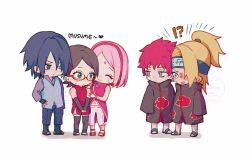 !? 2girls 3boys akatsuki_uniform black_cloak black_eyes black_hair blush boruto:_naruto_next_generations chibi chibi_only cloak closed_mouth deidara_(naruto) family fingerless_gloves forehead_jewel forehead_protector glasses gloves hair_over_one_eye hairband haruno_sakura highres long_hair long_sleeves looking_at_another midriff multiple_boys multiple_girls naruto_(series) naruto_shippuuden navel open_mouth pants ponytail red-framed_eyewear red_hair rinnegan sandals sasori_(naruto) short_hair sleeves_past_fingers sleeves_past_wrists suzu_(tg_390) sweatdrop uchiha_sarada uchiha_sasuke white_background white_pants wide_sleeves