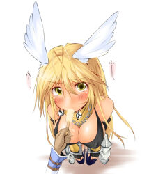 1boy 1girl arch_bishop_(ragnarok_online) bikini bikini_top_only black_bikini black_gloves blonde_hair blue_thighhighs blush breasts chain chain_necklace cleavage commentary_request elbow_gloves feathered_wings fellatio fingerless_gloves food food_in_mouth full_body gloves hair_between_eyes hands_on_own_knees head_wings jewelry jumpsuit jumpsuit_around_waist kaminagi_(kaminagi-tei) large_breasts looking_at_viewer mechanic_(ragnarok_online) necklace open_mouth oral popsicle popsicle_in_mouth pov pov_hands ragnarok_online simple_background simulated_fellatio solo_focus swimsuit thighhighs white_background white_jumpsuit white_wings wings yellow_eyes