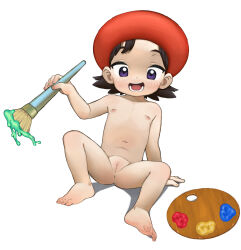 1girl adeleine anus barefoot beret black_hair dot_nose feet flat_chest hat highres holding holding_paintbrush kirby_(series) loli navel nintendo nipples open_mouth paint paint_palette paintbrush purple_eyes pussy red_hat simple_background solo spread_legs white_background yokappa_(jokappa)