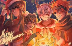 1girl 1other 3boys allen_walker antlers bear_hair_ornament bell black_headband black_scarf black_shirt blue_background blue_hair blush bow candy candy_cane christmas cloak coat creature cross d.gray-man dress ear_piercing earrings elbow_gloves eyepatch facial_mark fake_antlers fang floating_earring food fur-trimmed_cloak fur_ribbon fur_trim gloves golem_(d.gray-man) green_eyes green_gloves green_hair grey_eyes grin hair_between_eyes hair_ornament hair_over_shoulder hair_ribbon hairpin hand_up hat headband high_ponytail holding holding_candy holding_candy_cane holding_food horns jewelry kanda_yuu lavi lenalee_lee long_hair looking_at_another merry_christmas messy_hair multiple_boys night one_eye_covered open_mouth orange_hair orange_sweater piercing pink_eyes pointing pointing_at_another ponytail red_bow red_cloak red_coat red_dress red_hat red_sweater reindeer_antlers ribbon santa_hat scar scar_across_eye scar_on_face scarf sharp_teeth shiny_gloves shirt short_hair sidelocks sleeveless sleeveless_dress smile snowing star_(symbol) star_earrings star_facial_mark striped_coat stud_earrings sweater teeth timcanpy twintails white_fur white_hair white_stripes wings xbloolii