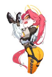 Rule 34 | ass, blue archive, blush, cosplay, dual wielding, full-face blush, goggles, halo, highres, holding, long hair, nasipeuran, overwatch, pants, ponytail, red hair, simple background, tight clothes, tight pants, tracer (overwatch), tracer (overwatch) (cosplay), white background, yuzu (blue archive)