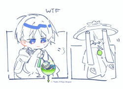 1boy blue_flower blunt_ends bow bridal_gauntlets cape character_doll closed_mouth doll flower fuchin22 gem genshin_impact green_bow green_eyes green_gemstone hair_ornament half_crown_braid hat japanese_clothes jingasa kimono leaf leaf_hair_ornament looking_at_object multicolored_hair nahida_(genshin_impact) purple_eyes purple_hair scaramouche_(genshin_impact) sketch smile streaked_hair wanderer_(genshin_impact) white_hair