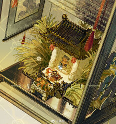 2boys :t ahoge altar architecture bamboo_screen bird_wings black_pants black_robe blue_hair blue_robe cape chibi chinese_clothes chinese_commentary commission coral_hair_ornament east_asian_architecture fins food fur-trimmed_cape fur_trim hair_between_eyes hanging_scroll hazel_grouse_soup_(the_tale_of_food) head_fins highres holding holding_food indoors long_hair long_sleeves lying male_focus meat medium_hair mini_person miniboy multiple_boys official_alternate_costume on_back pants parted_bangs plant pom_pom_(clothes) procreate_(medium) red_eyes red_hair robe sample_watermark scroll shuling shunde_raw_fish_(the_tale_of_food) sitting skewer smile steamed_bun tassel the_tale_of_food watermark watermark_grid weibo_watermark wide_sleeves wings