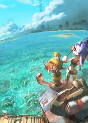 +_+ 1other 2girls :/ absurdres androgynous big_man_(splatoon) bikini blonde_hair blue_sky closed_mouth colored_skin couldoh dark-skinned_female dark_skin day earrings fang fisheye fishing_rod frye_(splatoon) green_hair hair_over_one_eye hand_on_own_hip highres holding holding_fishing_rod horizon inkling jewelry looking_at_viewer looking_back looking_to_the_side mechanic_(splatoon_raiders) multicolored_skin multiple_girls nintendo open_mouth outdoors pale_skin purple_hair purple_skin red_eyes red_skin sandals scenery shiver_(splatoon) sitting sky splatoon_(series) splatoon_raiders standing swimsuit tankini tentacle_hair topknot two-tone_skin water