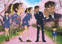 2boys 2girls anime_coloring arm_at_side arms_behind_back black-framed_eyewear black_hair black_jacket black_pants black_shoes blue_eyes blue_jacket blue_sailor_collar blue_shirt blue_skirt blush bow bowtie brown_shoes bush cherry_blossoms closed_eyes closed_mouth collared_shirt copyright_notice edogawa_conan falling_petals full_body gakuran glasses green_necktie grey_shorts grey_socks hair_ribbon hand_on_own_chest hand_on_own_ear hands_on_own_hips hattori_heiji high_ponytail highres jacket lens_flare loafers long_hair long_sleeves looking_at_another looking_to_the_side meitantei_conan miniskirt mouri_ran multiple_boys multiple_girls neckerchief necktie official_art open_mouth outdoors own_hands_together pants petals pink_petals pleated_skirt ponytail red_bow red_bowtie red_neckerchief red_shoes ribbon sailor_collar school_uniform serafuku shirt shoes short_hair shorts skirt sneakers socks sparkle spring_(season) standing teitan_high_school_uniform tooyama_kazuha tree u_u wet wet_clothes wet_shirt white_socks yellow_ribbon zoom_layer