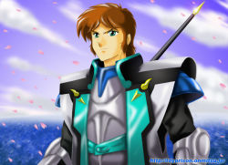 Rule 34 | 1boy, armor, blue eyes, brown hair, flower, mouri shin, polearm, ronin warriors, samurai, serious, sky, solo, standing, trident, upper body, water, weapon, yoroiden samurai troopers