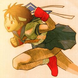 1girl :d arm_up bengus blue_sailor_collar brown_eyes brown_hair capcom clenched_hands facing_to_the_side fighting_stance fingerless_gloves game_cg gloves headband highres kasugano_sakura leg_up marvel marvel_vs._capcom marvel_vs._capcom_2 non-web_source official_art open_mouth red_undershirt sailor_collar sailor_crest scan school_uniform serafuku shoes short_hair sidelighting simple_background skirt smile solo street_fighter undershirt white_headband