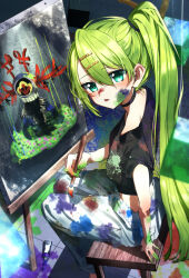 1girl absurdres alina_gray alina_gray_(atelier_clothes) black_choker canvas_(object) choker commentary_request easel green_eyes green_hair hair_ornament hairpin high_ponytail highres holding long_hair looking_at_viewer magia_record:_mahou_shoujo_madoka_magica_gaiden mahou_shoujo_madoka_magica open_mouth paint paint_on_clothes paint_on_hands paint_splatter paint_splatter_on_face paintbrush painting_(object) ponytail shadow sitting solo stool taigaai4649 witch_(madoka_magica) wooden_stool zola_(madoka_magica)