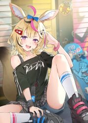 Rule 34 | 1girl, absurdres, ahoge, animal ear fluff, animal ears, black shirt, black shoes, black skirt, blonde hair, blue bow, blush, bow, fox ears, fox girl, fox tail, hair bow, hair ornament, hand up, highres, hololive, izumi kei, long hair, looking at viewer, multicolored hair, omaru polka, open mouth, pink hair, plaid clothes, plaid skirt, purple eyes, shirt, shoes, sitting, skateboard, skirt, socks, solo, streaked hair, tail, virtual youtuber, white socks, wristband