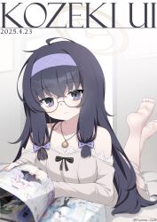 1girl 2025 absurdres ahoge alternate_costume bags_under_eyes bare_shoulders barefoot black_hair blue_archive blurry blurry_background book bow brown_halo character_name closed_mouth collarbone commentary dated feet feet_up frilled_pajamas frills full_body glasses grey_pajamas hair_bow hairband halo highres indoors jewelry long_hair looking_at_viewer lying off-shoulder_pajamas off_shoulder on_bed on_stomach open_book pajamas pendant purple_bow purple_eyes purple_hairband reading relaxing round_eyewear sidelocks smile soles solo the_pose toes twitter_username ui_(blue_archive) umou_(may65879) very_long_hair