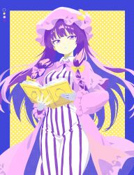 1girl 3y7cucaciv6362g book bow bowtie color_guide crescent crescent_hat_ornament dress hair_bow hat hat_ornament highres holding holding_book long_hair looking_at_viewer mob_cap patchouli_knowledge polka_dot polka_dot_background purple_bow purple_bowtie purple_dress purple_hair solo touhou