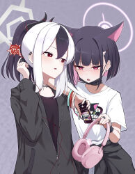 2girls absurdres alternate_costume animal_ears band_shirt black_choker black_hair black_jacket black_shirt blue_archive blush bright_pupils cat_ears cat_girl choker clothes_around_waist colored_inner_hair commentary_request demon_horns earphones grey_background halo headphones highres holding holding_earphones holding_headphones holding_phone horns jacket jacket_around_waist kayoko_(blue_archive) kazusa_(band)_(blue_archive) kazusa_(blue_archive) merchandise multicolored_hair multiple_girls official_alternate_costume parted_lips phone pink_hair pink_halo red_eyes shiroiurushi shirt sidelocks white_hair white_halo white_pupils