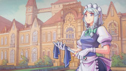 1girl acrylic_paint_(medium) apron architecture balcony blue_eyes blue_skirt blue_sky blue_vest braid breasts bridge clock clock_tower cloth cloud curtains day female_focus gloves green_ribbon hair_ribbon highres holding holding_cloth holding_knife izayoi_sakuya knife looking_at_viewer maid_headdress neck_ribbon outdoors painting_(medium) parted_bangs planter puffy_short_sleeves puffy_sleeves ribbon scarlet_devil_mansion shirt short_hair short_sleeves silver_hair skirt sky small_breasts smile solo standing topiary touhou tower traditional_media tress_ribbon twin_braids u-joe upper_body vest waist_apron white_gloves white_shirt window wiping
