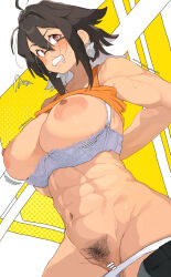 abs absurdres ahoge bar_censor bare_shoulders black_hair black_pants blush bra breasts censored clenched_teeth collarbone colored_inner_hair commission cowboy_shot ear_piercing earrings face_piercing female_pubic_hair glasses hair_between_eyes highres jewelry large_breasts lip_piercing long_sidelocks makingtawawa motion_lines multicolored_hair muscular muscular_female navel nipples orange_tank_top original panties pants piercing pubic_hair red_eyes short_hair sidelocks skeb_commission stomach sweat tank_top teeth underwear white_hair white_panties