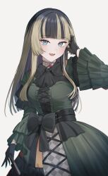 Rule 34 | 1girl, absurdres, black choker, black dress, black gloves, black hair, blue eyes, blunt bangs, choker, commentary request, cowboy shot, cross-laced clothes, cross-laced dress, dress, frilled dress, frills, gloves, gothic lolita, green dress, grey hair, hand fan, hand up, highres, hime cut, holding, holding fan, hololive, hololive dev is, juufuutei raden, juufuutei raden (1st costume), lace, lace choker, lolita fashion, long hair, long sleeves, looking at viewer, moonlightlight, multicolored hair, open mouth, ribbon, simple background, smile, solo, straight hair, streaked hair, teeth, two-tone hair, upper teeth only, virtual youtuber