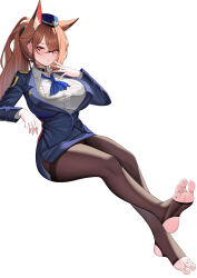 Rule 34 | 1girl, absurdres, alternate costume, animal ear fluff, animal ears, arknights, ascot, black bra, black choker, blazer, blue ascot, blue hat, blue jacket, blue skirt, blush, bra, breasts, brown hair, brown pantyhose, chinese commentary, choker, collared shirt, commentary request, ear piercing, earrings, feet, fingernails, flight attendant, fox ears, fox girl, franka (arknights), full body, glasses, hand to own mouth, hat, highres, invisible chair, jacket, jewelry, lahz52, lapels, large breasts, legs, long hair, long sleeves, looking at viewer, miniskirt, no shoes, pantyhose, parted lips, partial commentary, pencil skirt, piercing, ponytail, see-through clothes, see-through shirt, shirt, side slit, simple background, sitting, skirt, skirt set, soles, solo, stirrup legwear, studded choker, toeless legwear, toes, travel attendant, underwear, variant set, white background, white shirt, yellow eyes