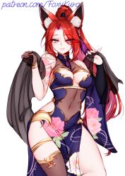 1girl animal_ear_fluff animal_ears arm_tattoo bracelet breasts china_dress chinese_clothes cleavage commission covered_navel dress fox_ears fox_girl foxykuro highres jewelry original ponytail purple_eyes red_hair shoulder_tattoo simple_background solo tattoo white_background