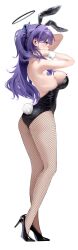 1girl alternate_costume animal_ear_hairband animal_ears black_halo black_leotard blue_archive breasts fake_animal_ears fake_tail fishnet_pantyhose fishnets hairband halo highres large_breasts leotard long_hair mechanical_halo pantyhose playboy_bunny purple_eyes rabbit_ear_hairband rabbit_ears rabbit_tail shionana77 sideboob solo strapless strapless_leotard tail thighs white_wrist_cuffs wrist_cuffs yuuka_(blue_archive)
