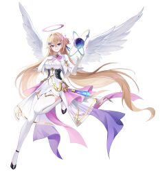 Rule 34 | 1girl, absurdres, angel wings, blonde hair, blue eyes, breasts, capelet, cleavage, dress, elbow gloves, feathered wings, gloves, grin, halo, hand on own chest, hashtag-only commentary, highres, leg up, long hair, looking at viewer, medium breasts, orb, original, shoes, sleeveless, sleeveless dress, smile, solo, thighhighs, very long hair, white capelet, white dress, white gloves, white thighhighs, wings, yireh, zettai ryouiki