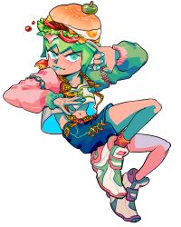 1girl alternate_costume aqua_eyes aqua_nails bacon belt blue_shorts bulzizzang burger cheese egg_(food) foo_fighters_(jojo) food food_on_head full_body green_hair highres jojo_no_kimyou_na_bouken lettuce long_sleeves midriff_peek nail_polish navel object_on_head puffy_long_sleeves puffy_sleeves shoes short_hair shorts simple_background solo stone_ocean sunny_side_up_egg tomato white_background white_shoes