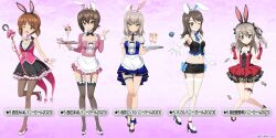 5girls :o animal_ears apron asymmetrical_dress black_bow black_bowtie black_camisole black_choker black_footwear black_necktie black_ribbon black_skirt black_thighhighs blue_dress blue_necktie bow bow_skirt bowtie brown_eyes brown_hair camisole cane card choker cleavage_cutout clothing_cutout coattails collar commentary_request detached_collar dice dress elbow_gloves fake_animal_ears food frilled_skirt frilled_thigh_strap frills garter_straps girls_und_panzer girls_und_panzer_senshadou_daisakusen! gloves grey_pantyhose hair_ribbon high_heels highres holding holding_cane holding_tray ice_cream itsumi_erika leg_up light_brown_hair long_hair long_sleeves medium_hair microskirt midriff mika_(girls_und_panzer) miniskirt multiple_girls necktie nishizumi_maho nishizumi_miho official_alternate_costume official_art one_eye_closed one_side_up pantyhose pencil_skirt pink_dress pink_vest playing_card purple_background rabbit_ears red_dress red_footwear red_gloves ribbon shimada_arisu short_dress short_hair short_sleeves siblings sisters skirt spaghetti_strap standing standing_on_one_leg star_(symbol) sundae thigh_strap thighhighs translated tray vest waist_apron watermark white_apron white_bow white_bowtie white_collar white_footwear white_gloves white_thighhighs wrist_cuffs