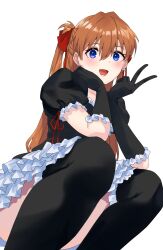 1girl :d absurdres black_dress black_gloves black_thighhighs blue_eyes brown_hair dress elbows_on_knees frilled_dress frilled_gloves frills gloves gothic_lolita hair_ribbon highres himagin20180321 lolita_fashion looking_at_viewer maid neon_genesis_evangelion open_mouth puffy_short_sleeves puffy_sleeves red_ribbon ribbon short_sleeves simple_background smile solo souryuu_asuka_langley squatting thighhighs v white_background zettai_ryouiki