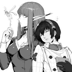1boy 2girls book breasts chess_piece choker cleavage closed_eyes closed_mouth collarbone fairy fairy_wings gallica_(metaphor:_refantazio) gloves greyscale height_difference highres holding holding_book holding_chess_piece hulkenberg_(metaphor:_refantazio) jacket leotard lips long_hair looking_at_another medium_breasts metaphor:_refantazio mini_person minigirl monochrome multiple_girls peperon_(peperou) pointy_ears protagonist_(metaphor:_refantazio) shaded_face short_hair size_difference tiara white_jacket wings