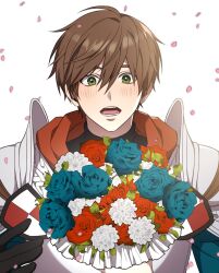 1boy alter_(mabinogi) armor black_gloves black_shirt blue_flower blue_rose blush bouquet breastplate brown_hair commentary_request double-parted_bangs falling_petals flower gloves green_eyes hair_between_eyes highres hood hood_down korean_commentary leaf mabinogi male_focus open_mouth pauldrons petals ray_(lthenray) red_flower red_hood red_rose rose shirt short_hair shoulder_armor solo teeth tongue turtleneck upper_body white_background white_flower