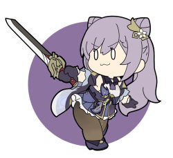 0_0 1girl :3 bare_shoulders black_gloves black_shoes blue_skirt brown_pantyhose chibi closed_mouth commentary_request cone_hair_bun full_body genshin_impact gloves hair_between_eyes hair_bun holding holding_sword holding_weapon keqing_(genshin_impact) long_hair looking_away looking_to_the_side nyaru_(nyaru_4126) outside_border pantyhose pleated_skirt purple_background purple_hair purple_theme round_image shirt shoes skirt sleeveless sleeveless_shirt solo sword two-tone_background v-shaped_eyebrows very_long_hair weapon white_background white_shirt
