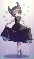 Rule 34 | 1girl, :&lt;, absurdres, animal ears, black choker, brown hair, character name, choker, closed mouth, commentary request, dress, full body, green dress, green shoes, head tilt, highres, medium hair, original, partial commentary, pink eyes, rabbit, rabbit ears, shoes, signature, skirt hold, solo, standing, yukinuno