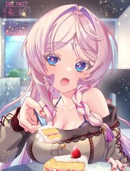 1girl bare_shoulders blue_eyes bra_strap breasts cake citlali_(genshin_impact) cleavage facial_mark food forehead_mark genshin_impact hair_intakes highres indoors large_breasts long_hair long_sleeves looking_at_viewer off-shoulder_shirt off_shoulder open_mouth pink_hair pink_pupils shirt solo strawberry_shortcake tsubame-tsubame- upper_body very_long_hair