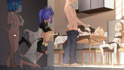 1boy 5girls after_vaginal aftersex age_difference antennae apron ass bar_censor barefoot black_dress black_hairband black_legwear black_pants black_shirt blonde_hair blue_eyes blue_hair blvefo9 bra bra_lift bra_on_head unworn_bra breasts censored chair clothed_sex clothes_pull collarbone collared_shirt commentary_request cum cum_in_pussy cum_overflow cum_pool cum_string cumdrip doggystyle dress empty_eyes eyebrows facing_viewer feet frilled_apron frilled_hairband frills groin hairband half-closed_eyes harem has_uncensored_version hetero indoors jitome loli looking_at_another low_twintails maid maid_apron maid_headdress monster_girl multiple_girls nipples no_shoes nude object_on_head off_shoulder on_chair on_table one_breast_out one_eye_closed open_mouth original pants pants_pull parted_lips peeking pointy_ears ponytail profile purple_hair pussy refrigerator sex sex_from_behind shirt short_hair short_sleeves short_twintails sitting sleeveless sleeveless_dress small_breasts spread_legs standing strap_slip table tablecloth tail teeth thighhighs toes topless_male towel towel_around_neck twintails underwear vaginal walking watching white_apron white_bra white_dress white_legwear yellow_eyes