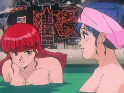 2girls 80s animated anime_screenshot bathhouse blue_hair breasts collarbone completely_nude cross cross_necklace dark_nipples eyebrows_hidden_by_hair green_eyes gunbuster indoors interior jewelry jung_freud long_hair looking_at_another medium_breasts multiple_girls navel necklace nipples nude oldschool pov red_hair retro_artstyle tagme top_wo_nerae! top_wo_nerae!_(series) towel video water