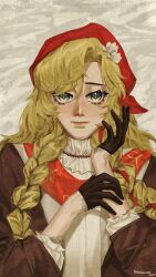 1girl 2024 absurdres aqua_eyes artist_name black_gloves blonde_hair braid brown_jacket closed_mouth flower gloves grey_background hair_flower hair_ornament hand_on_own_wrist hands_up headscarf highres jacket long_hair long_sleeves looking_at_viewer red_headscarf red_scarf reverse:1999 ripshinaide scales scarf shirt signature smile solo twin_braids upper_body vila_(reverse:1999) white_flower white_shirt