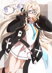 1girl absurdres ahoge black-framed_eyewear black_choker black_gloves black_jacket blonde_hair blue_archive blue_necktie braid choker collared_shirt feet_out_of_frame glasses gloves hair_ornament halo hands_up headphones high_collar highres holding holding_headphones id_card jacket kotama_(blue_archive) long_hair long_sleeves miniskirt necktie open_clothes open_jacket parted_lips pleated_skirt puffy_long_sleeves puffy_sleeves purple_eyes purple_halo semi-rimless_eyewear shirt side_braid skirt solo to_(tototo_tk) two-tone_gloves under-rim_eyewear white_shirt white_skirt x_hair_ornament yellow_gloves zoom_layer