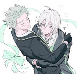 Rule 34 | 2boys, :&lt;, bangs pinned back, black coat, black gloves, black necktie, blush, closed eyes, coat, commentary request, diagonal-striped clothes, diagonal-striped necktie, embarrassed, gloves, green hair, green ribbon, grey eyes, heart, highres, male focus, multiple boys, necktie, night raven college uniform, open mouth, ribbon, salttt twst, sebek zigvolt, short hair, silver vanrouge, simple background, sketch, sparkle, striped clothes, twisted wonderland, upper body, white background, white hair, white necktie, yaoi