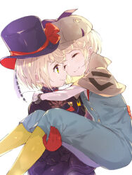 2girls black_dress blonde_hair brown_capelet capelet carrying deerstalker dress hat heaven_burns_red highres irene_redmayne lliissaawwuu2 multiple_girls phantom_thief princess_carry short_hair top_hat yellow_eyes yuri