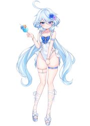 Rule 34 | 1girl, absurdres, ahoge, alternate costume, armband, blue bow, blue eyes, blue flower, blue hair, blue pupils, blush, bow, bracelet, breasts, closed mouth, collarbone, commentary request, covered navel, covering crotch, covering privates, cup, drop-shaped pupils, flower, footwear bow, frilled armband, frills, full body, furina (genshin impact), genshin impact, hair between eyes, hair flower, hair ornament, hand up, heterochromia, highleg, highleg one-piece swimsuit, highres, holding, holding cup, ineka ka, jewelry, long hair, looking at viewer, medium breasts, multicolored hair, one-piece swimsuit, pearl bracelet, purple flower, side-tie one-piece swimsuit, simple background, skindentation, solo, standing, streaked hair, striped bow, sweat, swimsuit, symbol-shaped pupils, thigh strap, very long hair, white armband, white background, white bow, white hair, white one-piece swimsuit