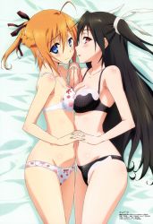 Rule 34 | 2girls, :d, absurdres, ahoge, animal print, asymmetrical docking, bare shoulders, bed sheet, black bra, black hair, black panties, blue eyes, blush, body blush, bow, bow bra, bow panties, bra, braid, breast press, breasts, brown hair, cat bra, cat panties, cat print, cat print bra, cat print panties, cleavage, couple, female focus, groin, hair between eyes, hair ribbon, half updo, highres, holding hands, imminent kiss, indoors, interlocked fingers, konoe subaru, lace, lace-trimmed bra, lace-trimmed panties, lace trim, light smile, lingerie, long hair, looking at viewer, looking back, lowleg, lowleg panties, lying, matching underwear, mayo chiki!, megami magazine, multiple girls, narrow waist, navel, non-web source, official art, on side, open mouth, orange hair, panties, paw bra, paw panties, paw print, paw print pattern, polka dot, polka dot bra, polka dot panties, ponytail, print bra, print panties, red bow, red eyes, ribbon, scan, seductive smile, short hair, side braid, sideboob, small breasts, smile, suzutsuki kanade, tatsuta shin&#039;ichi, two side up, underwear, underwear only, very long hair, white bra, white panties, wide hips, yuri